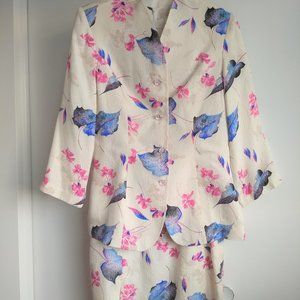 Vintage 80s white floral 2 piece dress jacket suit NWOT